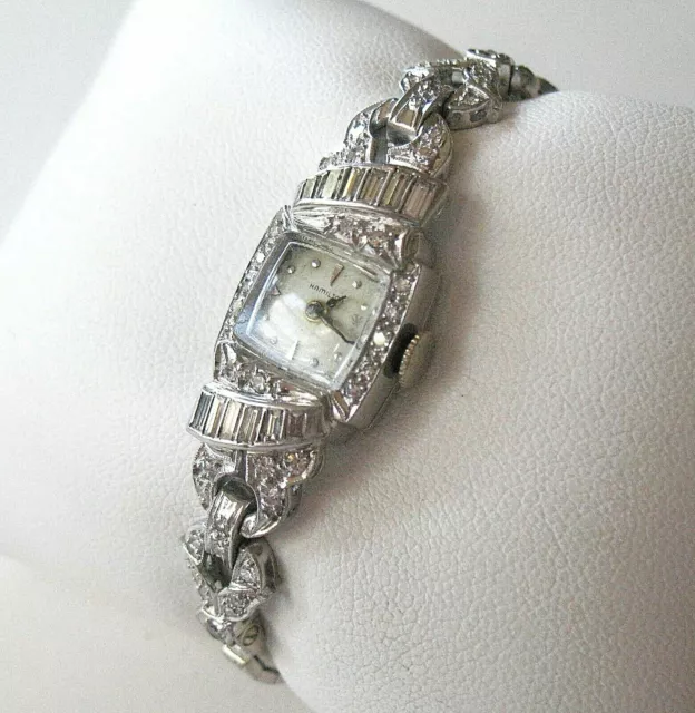 Vtg. Hamilton Ladies' Platinum Diamond Watch w/ 14K Diamond Bracelet Strap 3