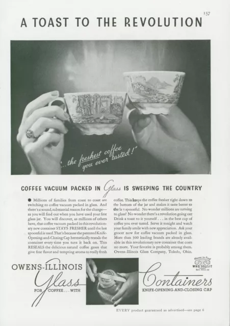 1936 Owens Illinois Glass Containers Coffee Cups Hands Ring Vintage Print Ad GH1