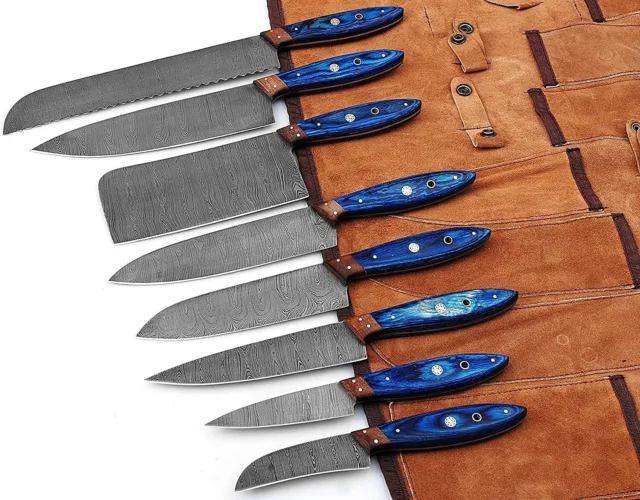 Damascus Steel Professional Kitchen Knives 8pc Set with Leather Case Bag. ZEE-46