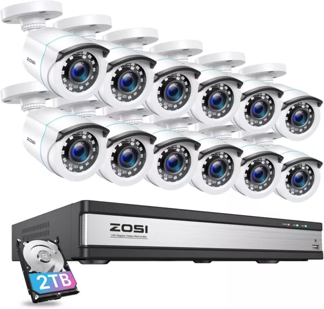 ZOSI H.265+ Kit Caméra de Surveillance 1080p 16CH DVR avec 2TB HDD 12pcs Caméra