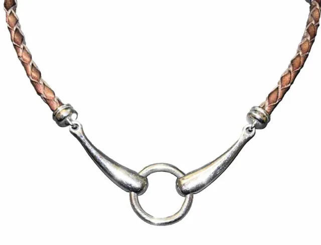 RALPH LAUREN Brown Braided Leather Silver tone O-Ring Choker Necklace Signed RRL