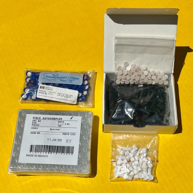 100/pk Sealed Kimble Opticlear 12x32, 2mL Autosampler Vials + Caps, Septa, Plugs