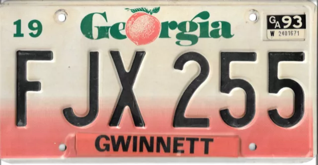 License Plate Vintage Georgia  1993 FJX255 GWINNETT COUNTY