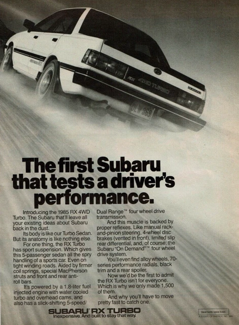 1985 Vintage Print Ad The first Subaru that tests driver's performance RX Turbo