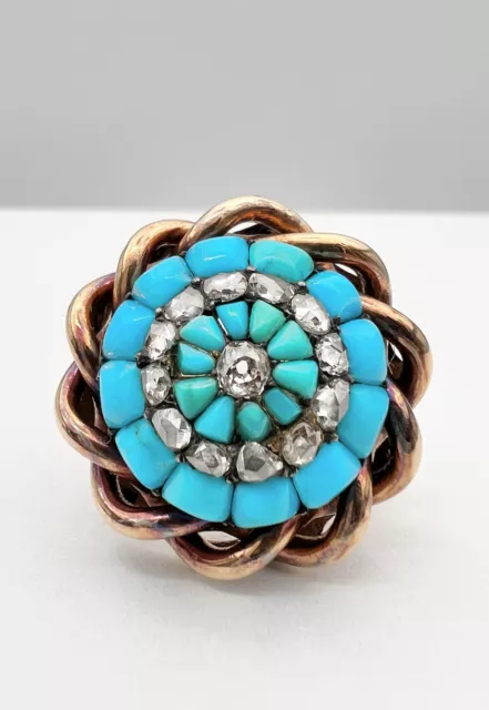 Antique Victorian 18K Yellow Gold Persian Turquoise & Old Rose Cut Diamond Ring