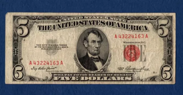 1953 United States Note $5 Dollar Bill Red Seal Avg Circulated - A43224163A