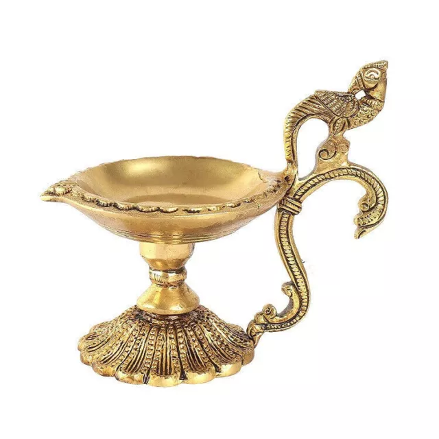 Indian Traditional Peacock Design Handle Brass Diya For Pooja Decor 4 Inches