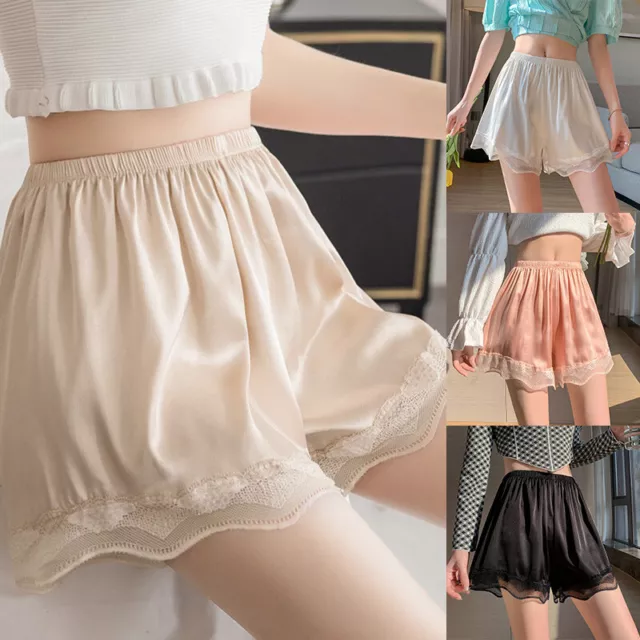 Women's Satin Lace Underwear Frilly Pettipants Bloomers Half Slip Short Pants