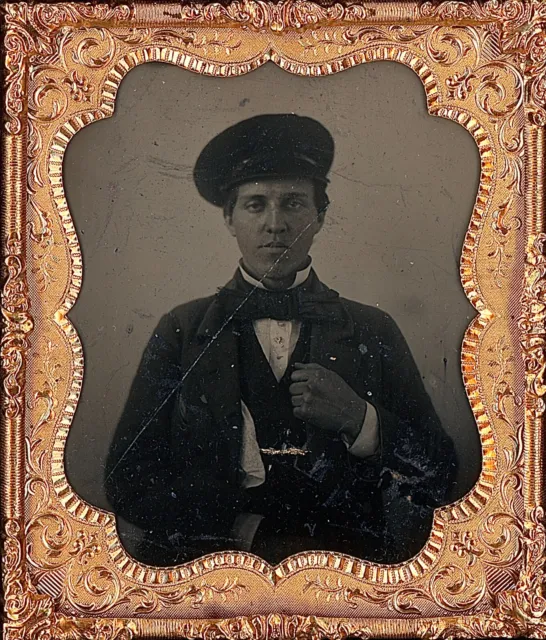 Handsome Man Wheel Cap Hat Identified Oberlin College 1/6 Plate Tintype S645