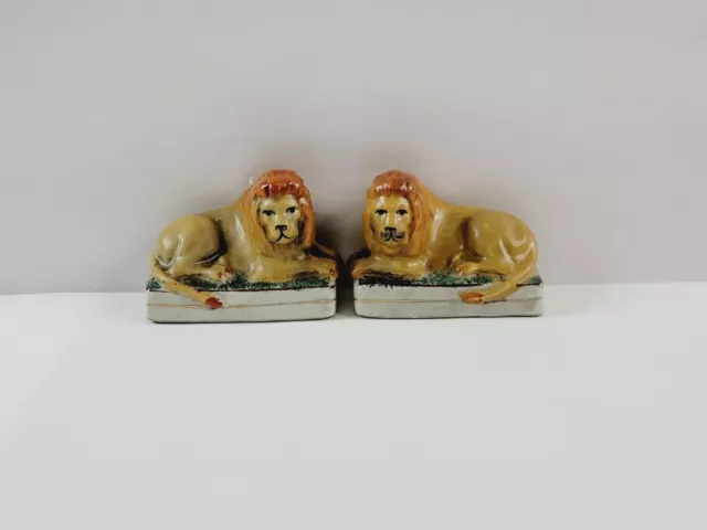 Pair of English Staffordshire Style Figural Mantle Lion Guardian 5.5”