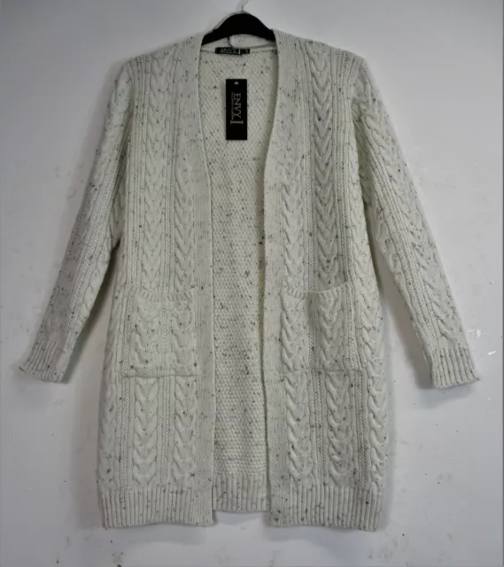 Ladies Cable Knit Open Long Line Cardigan Jacket Pocket   Sizes S/M M/L L/XL XXL