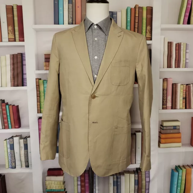 H.E. by Mango Blazer Mens 42R Tan Cotton & Linen Two Button Faux Surgeon Cuff