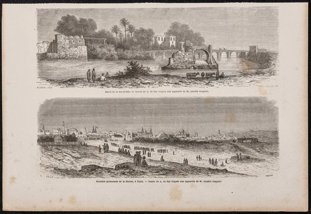 1865 - Medjerda and promenade de la navy in Tunis - antique engraving - Tunisia
