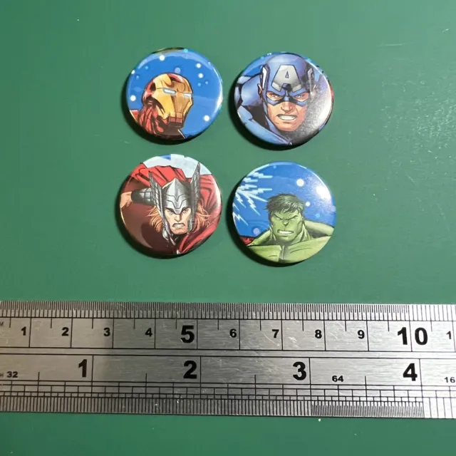 4 X Marvel Button Badges 25mm Set - Hulk, Iron Man, Captain America And Thor