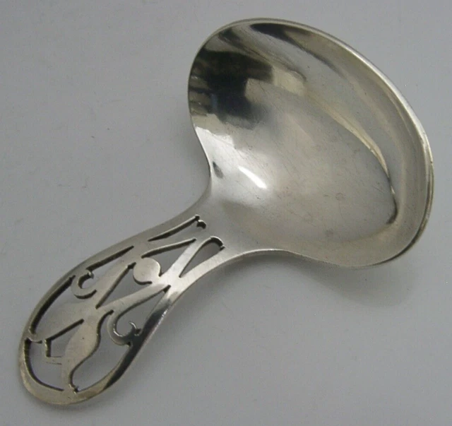 English Solid Sterling Silver Pierced Caddy Spoon 1949 Art Deco