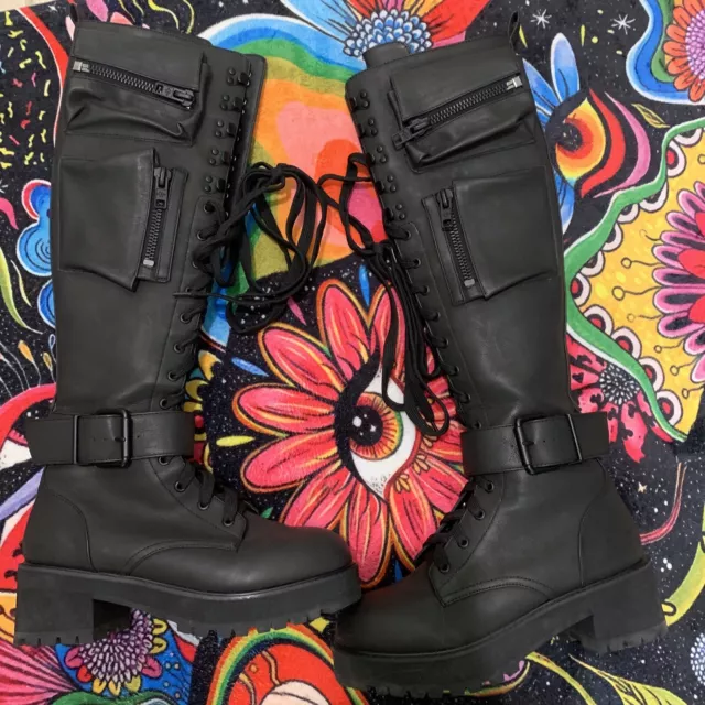 CURRENT MOOD DOLLS KILL Obsidian Pocket Tall Combat Boots Goth 10