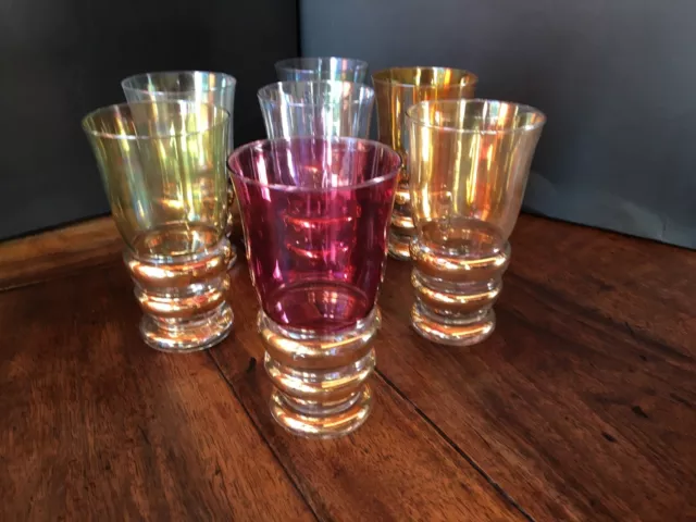 Lot de 7 verres à orangeade ou à eau, vintage, demi-cristal irisé, année 50