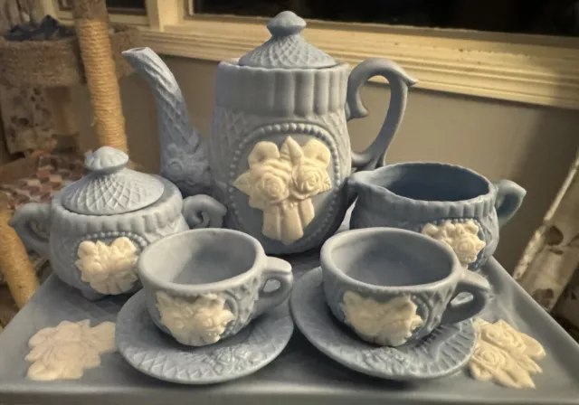 Vintage Porcelain Mini Tea Set 10 Piece Blue Rose Tea Set In Original Box