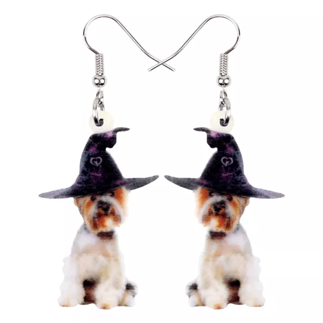 Halloween Acrylic Wizard Hat Yorkshire Dog Earrings Dangle Charms Jewelry Gifts