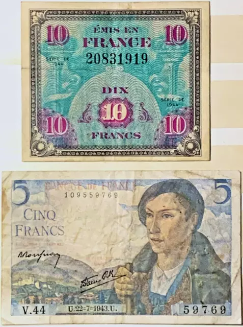 5+10 Francs Old France Banknotes Circulated 1943-1944 Series