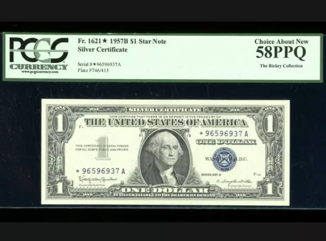 $1 1957-B Silver ⭐️STAR Fr. 1621* PCGS 58 PPQ Serial *96596937A