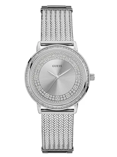 New Guess Silver Tone,Pave Crystal Glitz Silver Dial,Mesh Bracelet Watch-U0836L2