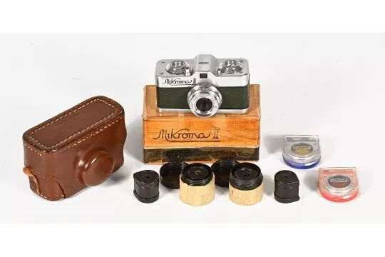 Vintage Spy Camera Meopta Mikroma II W.Green 3.5/20mm Mirar, Case,Box & Filters