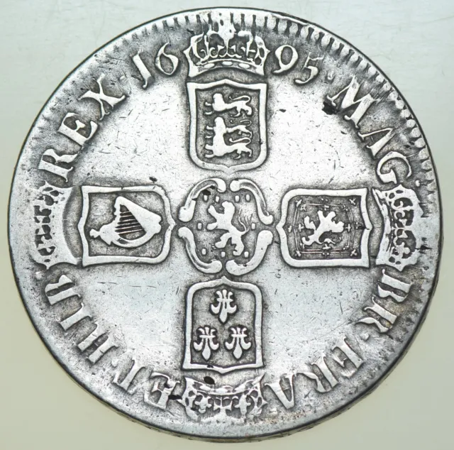 1695 WILLIAM III SILVER CROWN, SEPTIMO, BRITISH SILVER COIN, aVF