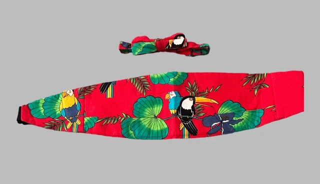 Cummerbund & Bow Tie Set Mens Red Tropical Design Macaw Wedding Prom Adjustable