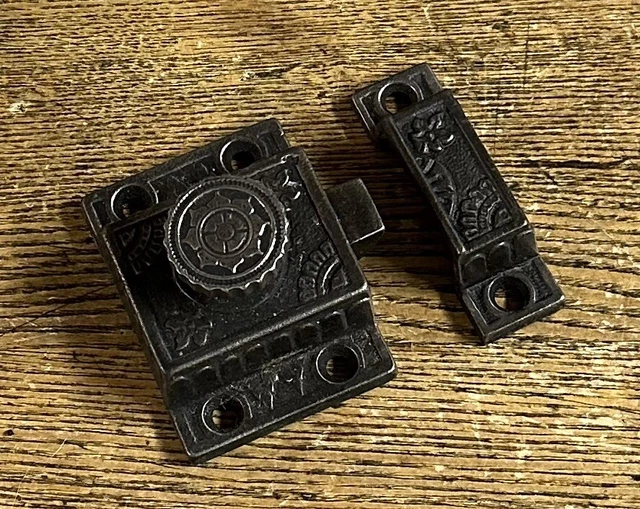 Antique Fancy Cast Iron Silver & Black Cupboard Latch With Turn Knob, c1880’s