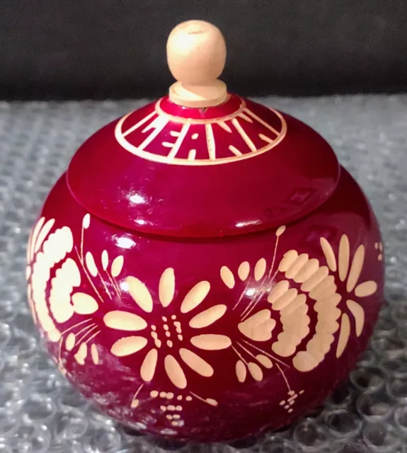 Hand Carved Painted Cranberry Wooden Trinket Box Lidded Etched Flowers Leann 4.5