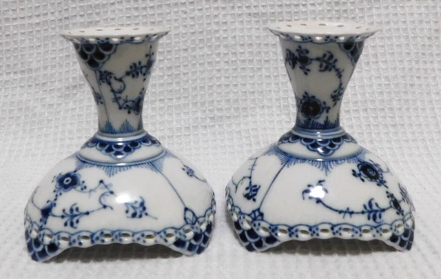 Pair Royal Copenhagen Blue Fluted Full Lace Candlesticks #1138 2nd Q Pair Royal Copenhagen Blue Fluted Full Lace Candlesticks #1138 2nd Q