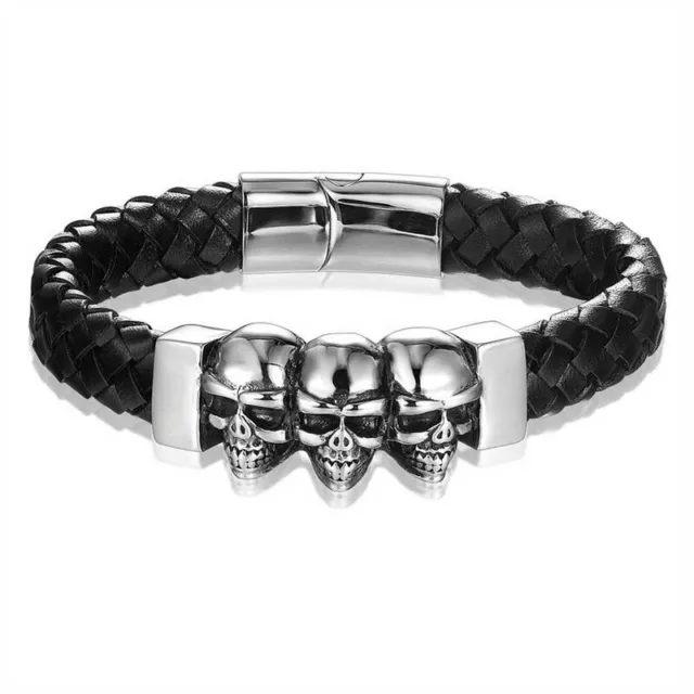 Mens Braided Leather Stainless Steel Skull Retro Punk Bracelet Biker Cuff Bangle