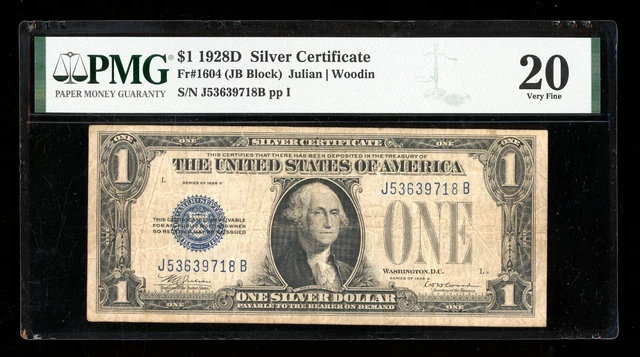 DBR Scarce 1928-D $1 Silver Fr. 1604 JB Block PMG VF-20 Serial J53639718B