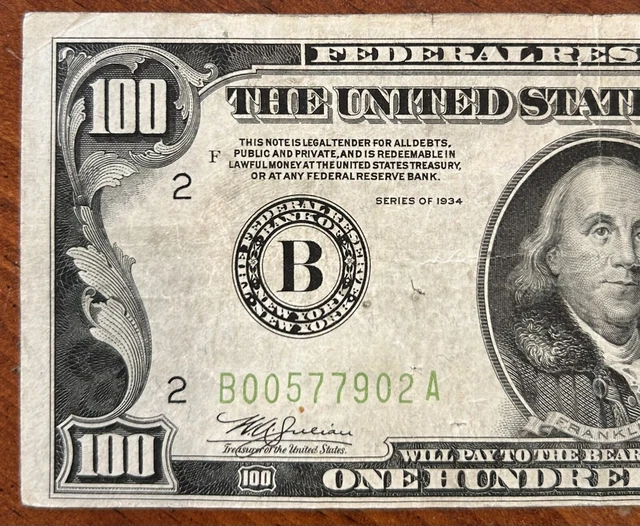 $100.00 1934 LGS LIME (Light Green Seal) U.S. FEDERAL RESERVE NOTE 3