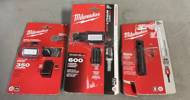 OPEN BOX Milwaukee Lot Of Three 2011R Flashlight, 2115-21, And 2103 Headlamps