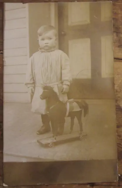 Wonderful RPPC of Child with Their 19th Century Horse Pull Toy