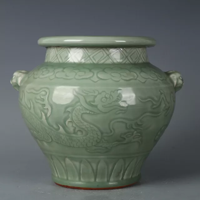 8.66” Chinese Porcelain Song Longquan Kiln Celadon Glaze Dragon Lion's Ear Pot