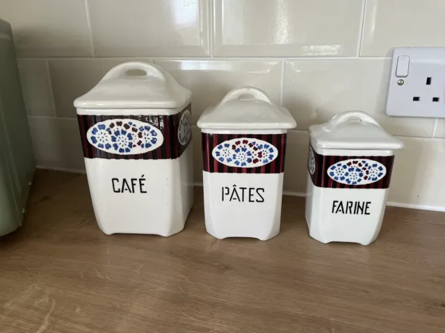 French Vintage Traditional Kitchen Set Of 3 Ceramic Storage Jars