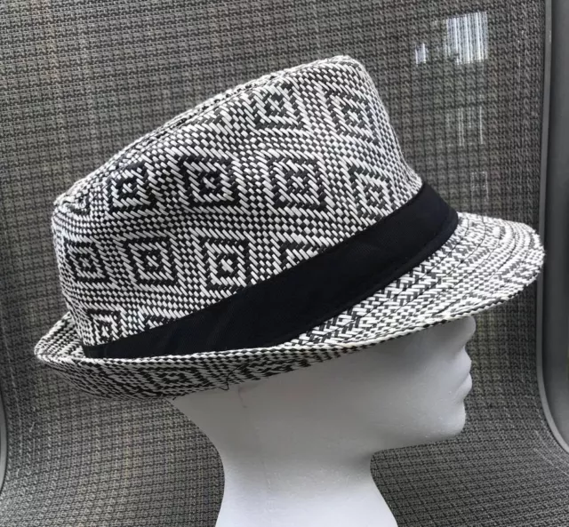 Black & White woven Paper Straw Fedora Hat Cap Geometric Diamond Pattern sz S/M