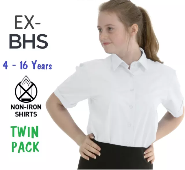 Ex BHS Girls School Blouse Pack of 2 White Short Sleeve Non Iron Age 4-16