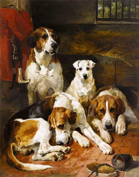 Art Oil painting dogs family Hounds And a Terrier in a Kennel John Emms