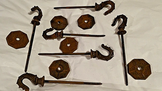 Eastlake Antique Victorian hardware Ceiling lamp plant long iron hook & canopy 6
