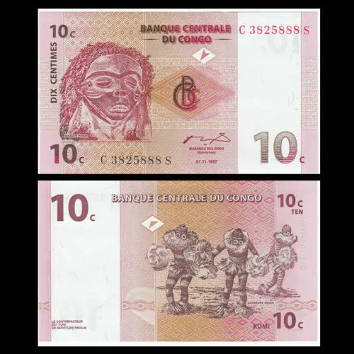Banknote - 1997 Congo DR, 10 Cent, P82 UNC, Pende Mask (F) Pende Dancers (R)