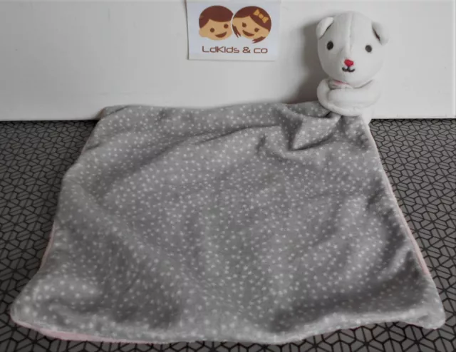 DOUDOU OB OBAIBI OKAIDI CHAT OURS BLANC MOUCHOIR GRIS ROSE POIS 38 cm D1253