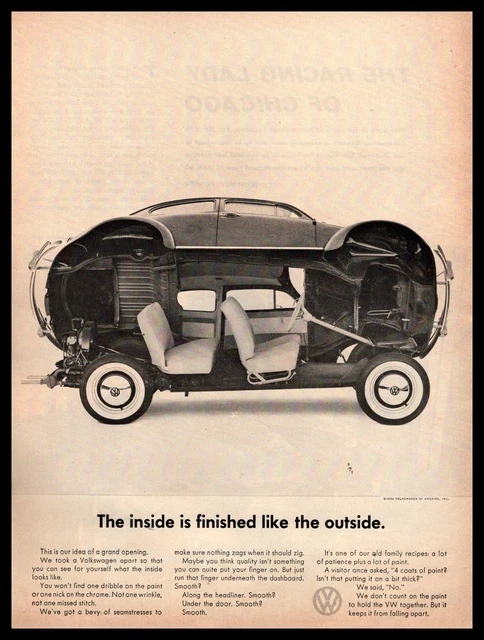 1962 Volkswagen Type 1 Beetle "Inside Is Finished Like The Outside" VW Print Ad