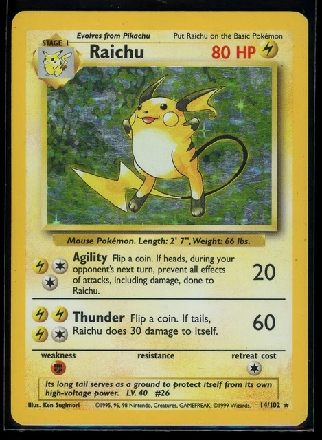 Pokemon Card - Raichu - Base Set Unlimited 14/102 Holo Rare English - MP
