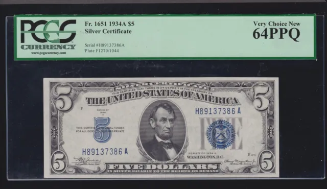 US 1934A $5 Silver Certificate FR 1651 PCGS 64 PPQ V Ch CU (386)