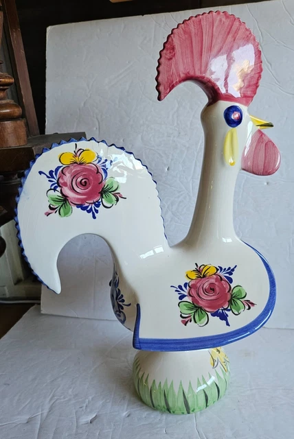 Portugal 13 1/2" Lucky Rooster Figurine Folk Art Ceramic Pottery Hand Painted
