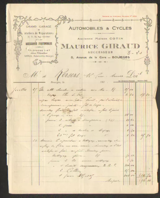 BOURGES (18) GARAGE AUTOMOBILES & CYCLES "COTIN / Maurice GIRAUD Succ." en 1925